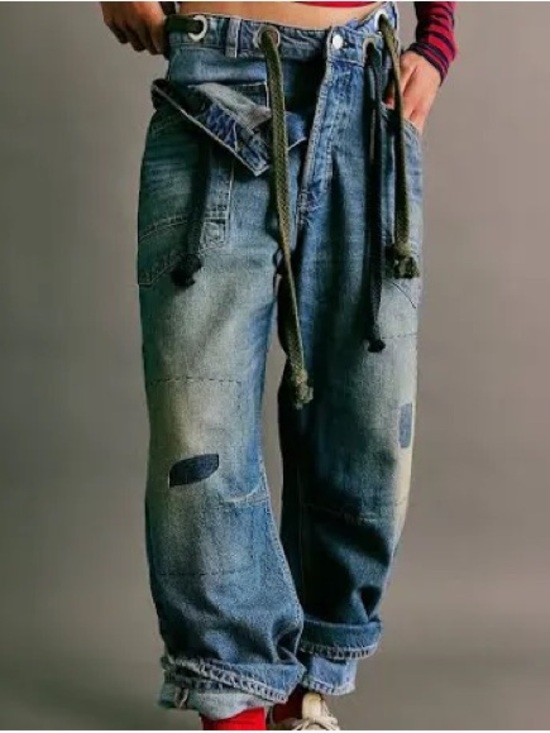 We The Free Pants - We The Free Moxie Barrel Jeans Blue Relaxed Patchwork Drawstring Jeans